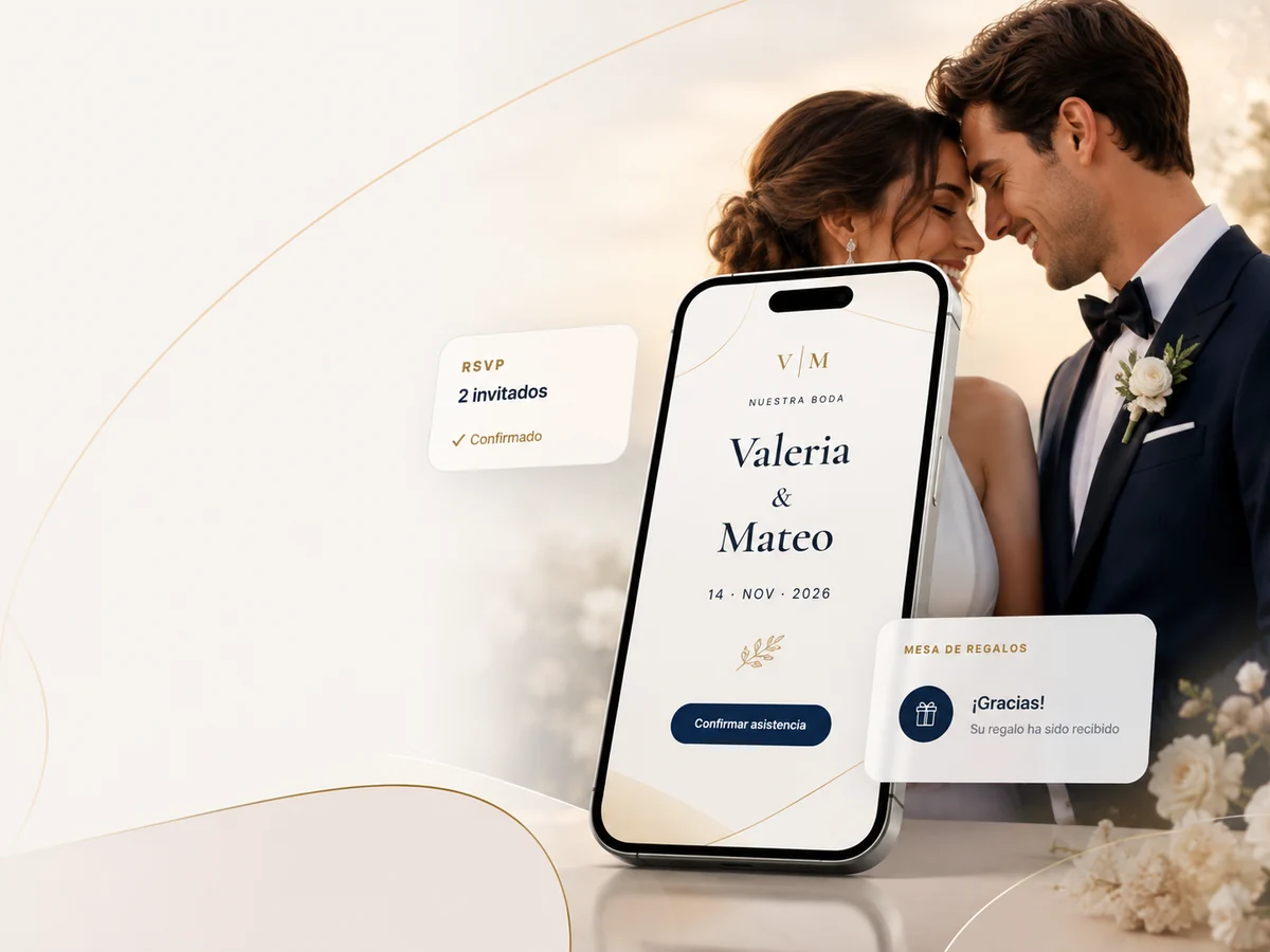 Pareja en boda elegante con invitación digital premium en iPhone y confirmación RSVP