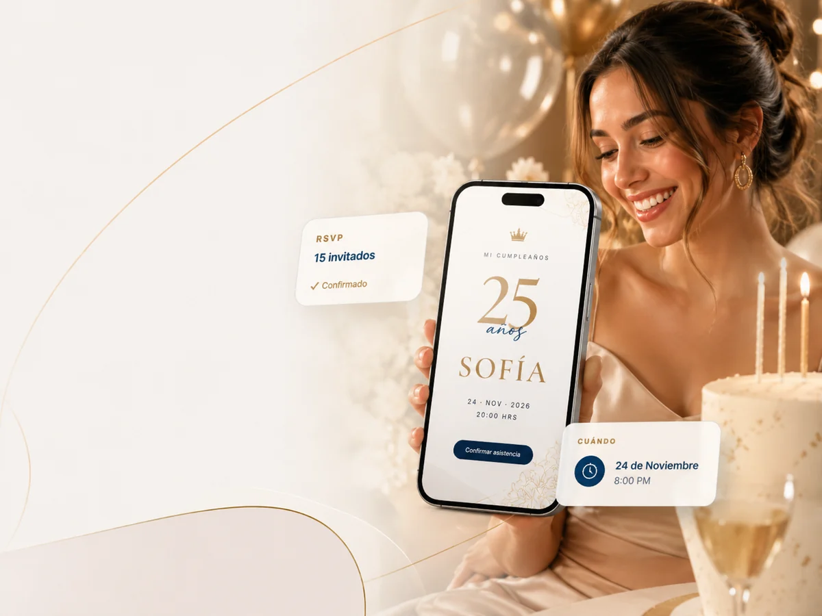 Anfitriona en cumpleaños premium con invitación digital en iPhone y datos del evento
