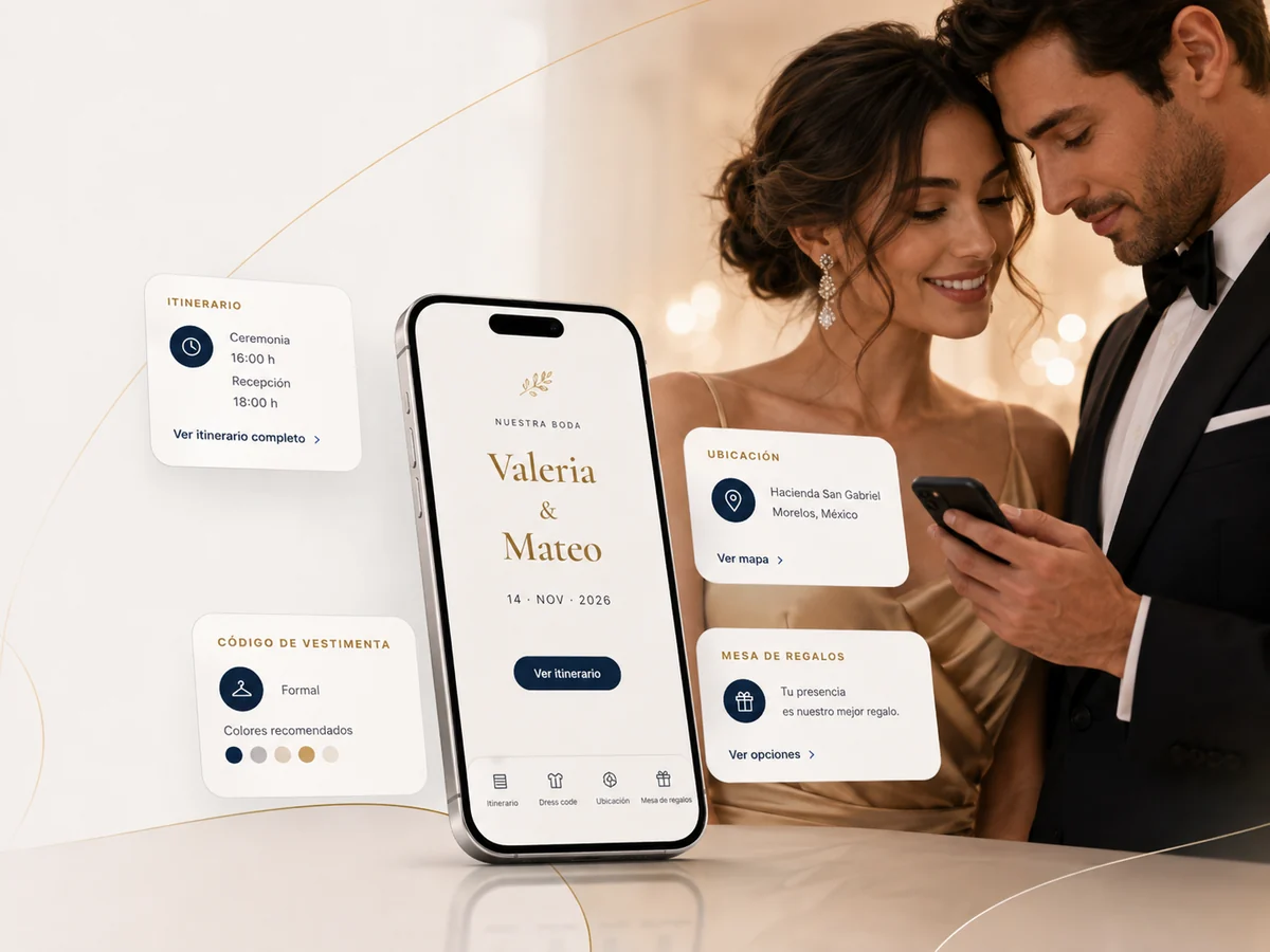 Pareja consultando invitación digital premium con itinerario, ubicación y mesa de regalos en iPhone