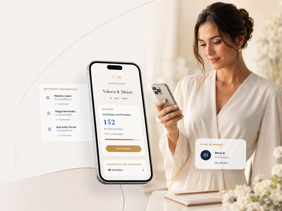 Gestión de invitados y confirmaciones RSVP en iPhone con plan de mesas