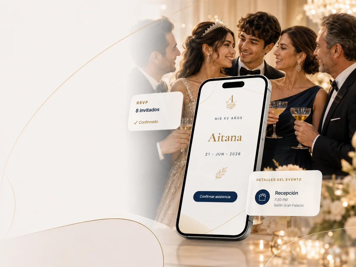 Evento elegante de XV años con invitación digital premium mostrada en iPhone