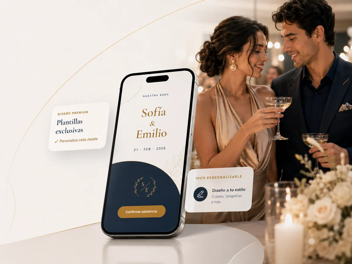 Pareja elegante con invitación digital premium personalizable en iPhone
